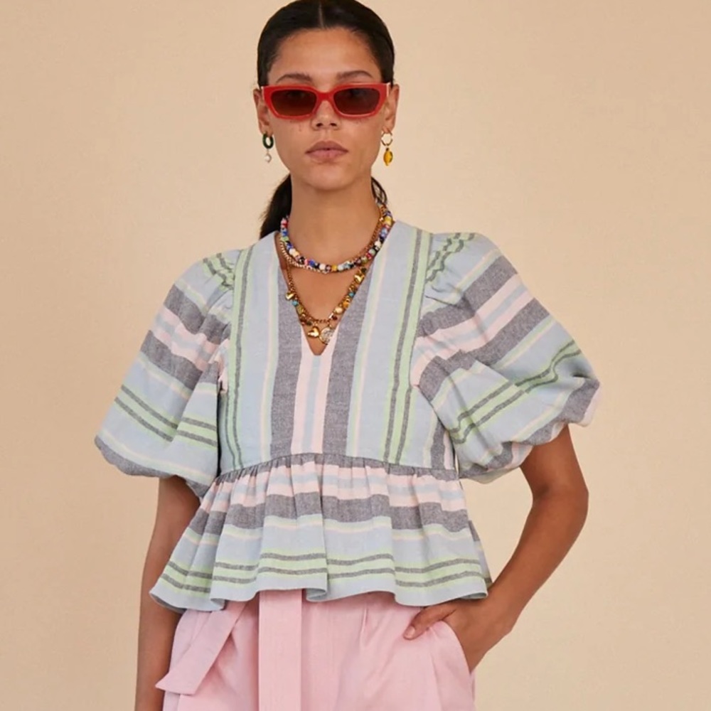 HUNTER BELL Landry Pastel Stripe Top Puff Sleeve Blouse Women’s Medium